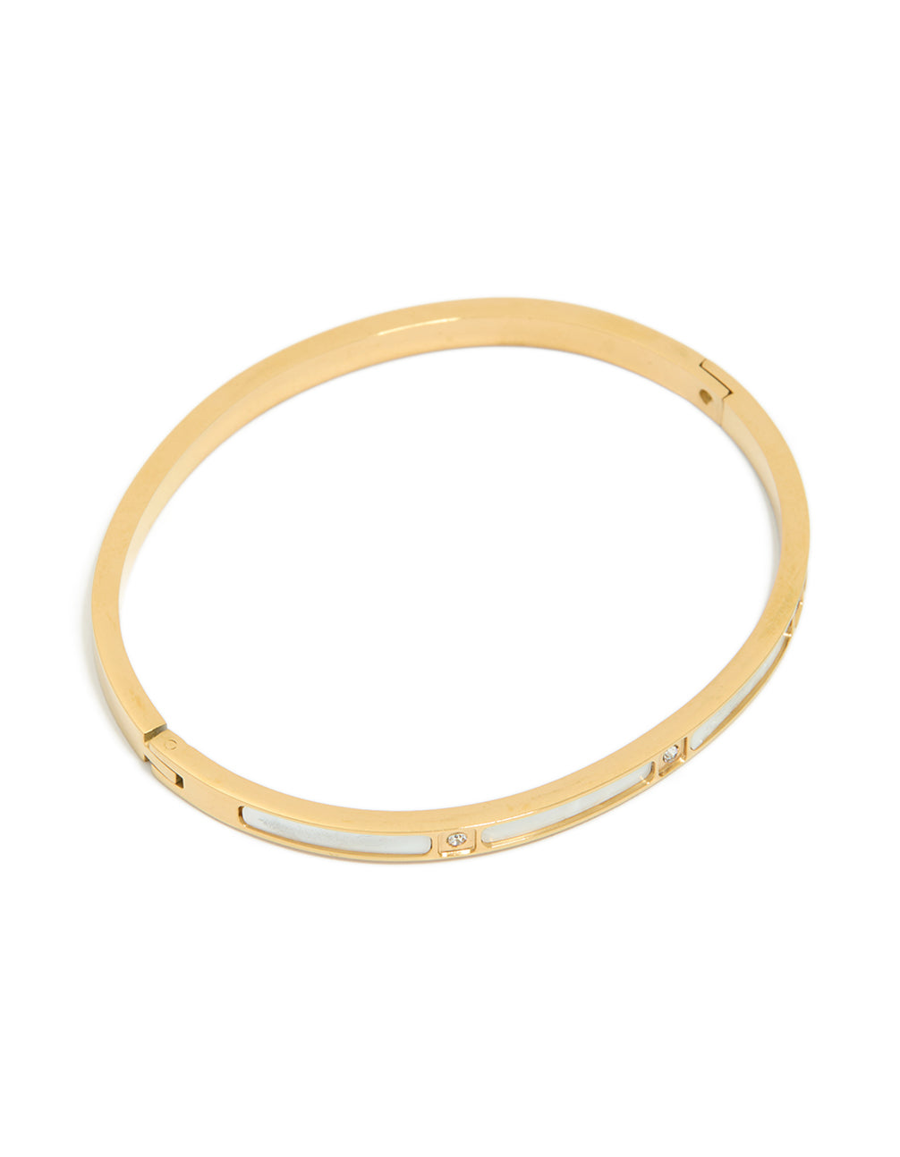 Showcasing a waterproof gold plated stainless steel cubic zirconia inlay hinged bangle with white enamel accents front view