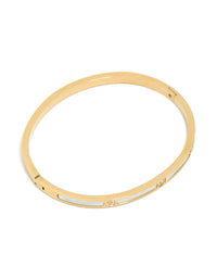 Showcasing a waterproof gold plated stainless steel hinged bangle featuring cubic zirconia inlay with white enamel detailing front view - link has visual effect only