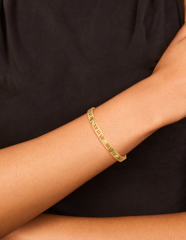 Waterproof Gold Plated Stainless Steel Cubic Zirconia Roman Numeral Hinged Bangle