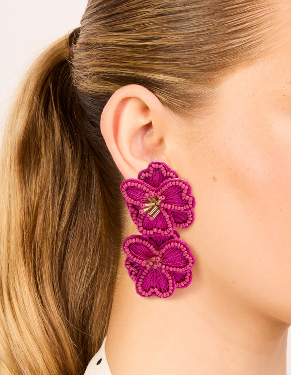 Hot Pink Fabric Beaded Double Flower Drop Earrings