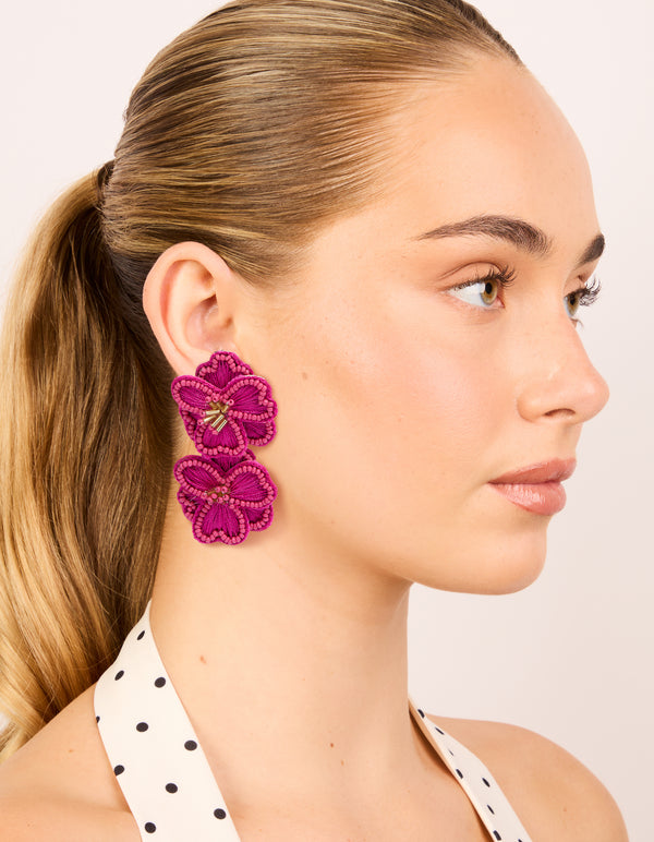 Hot Pink Fabric Beaded Double Flower Drop Earrings