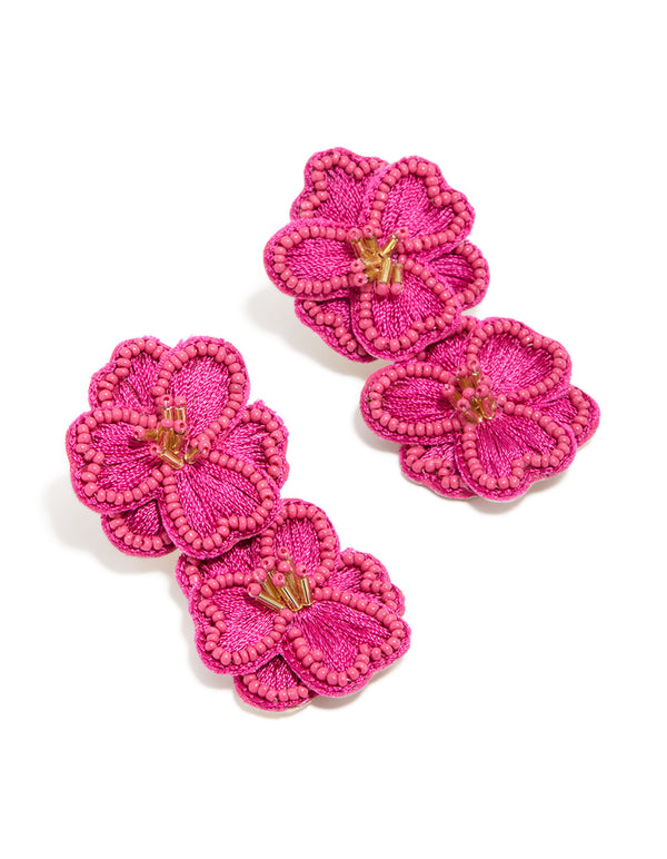 Discover statement hot pink fabric beaded double flower drop earrings front view