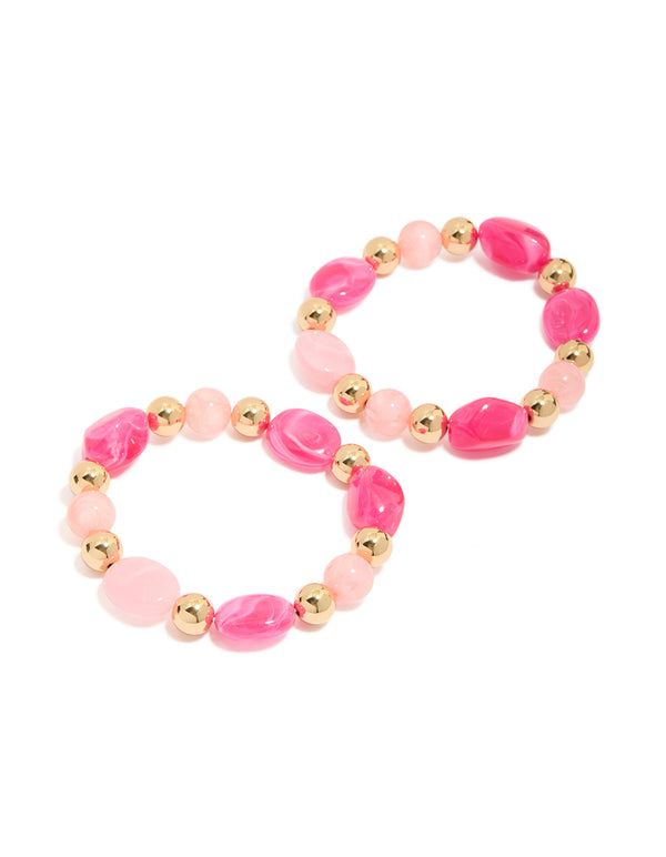 Beaded stretch bracelet 2-pack featuring hot pink, light pink, and gold acrylic beads front view