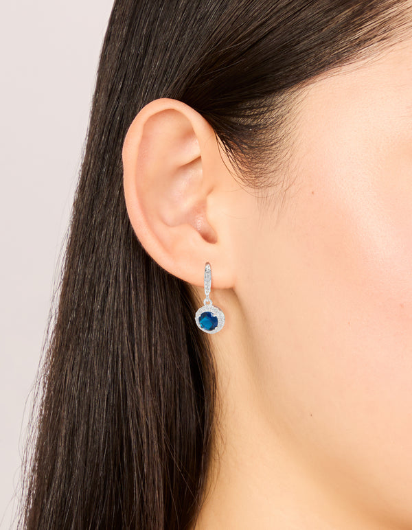 Silver Plated Sapphire Blue Cubic Zirconia Halo Drop Earrings