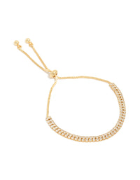 Elegant gold plated thin double cubic zirconia tennis toggle bracelet front view - link has visual effect only