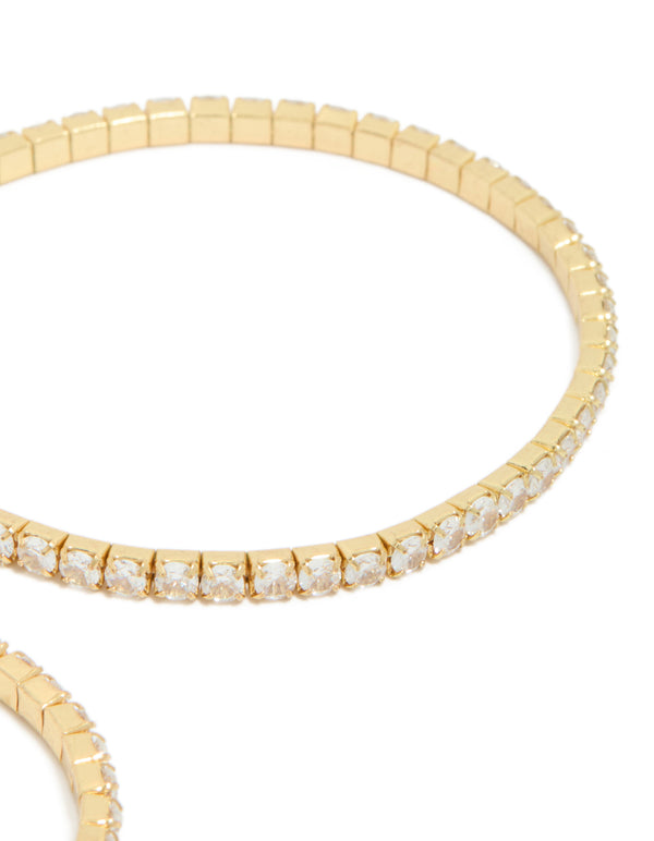 Showcasing gold plated cubic zirconia stretch tennis bracelets in a dainty 2-pack close up view