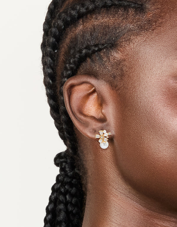 Gold Plated Cubic Zirconia Laurel & Pearl Flower Hoop Earrings