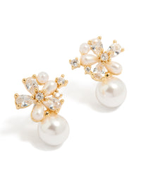 Showcasing gold plated cubic zirconia laurel and pearl flower hoop earrings in ivory front view - link has visual effect only