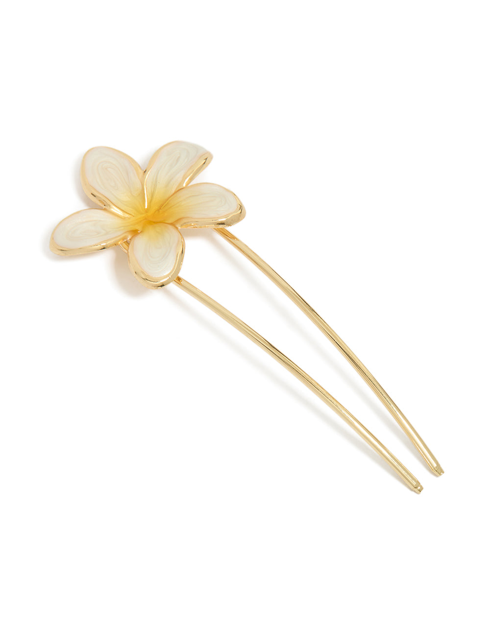 Showcasing a floral ombre frangipani hair pin crafted from enamel in gold, ivory, and yellow front view