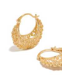 Featuring gold plated boho patterned hoop earrings with ornate scrollwork detailing close up view - link has visual effect only