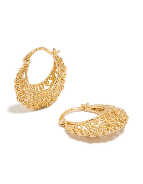Showcasing gold plated boho patterned hoop earrings with intricate filigree design front view