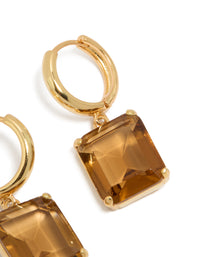 Stunning gold plated large square cognac cubic zirconia drop earrings with statement appeal post detail view - link has visual effect only