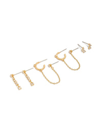 Showcasing gold plated cubic zirconia chain drop and stud earrings in a 4-pack featuring crawler design and hoop closure front view - link has visual effect only