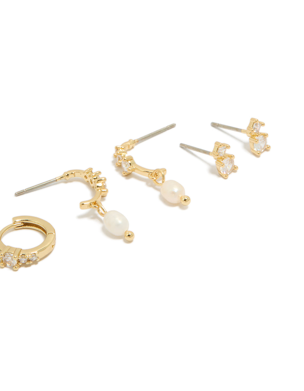 Designed with gold plated cubic zirconia and freshwater pearl drop hoop earrings 4-pack with hoop closure in white ivory post detail view