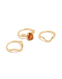 Gold Plated Red  Cubic Zirconia Teardrop & Wavy Rings 3-Pack - link has visual effect only