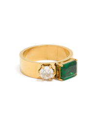 Waterproof Gold Plated Stainless Steel Clear & Green Cubic Zirconia Thick Band Ring - link has visual effect only
