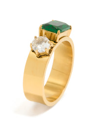 Waterproof Gold Plated Stainless Steel Clear & Green Cubic Zirconia Thick Band Ring - link has visual effect only