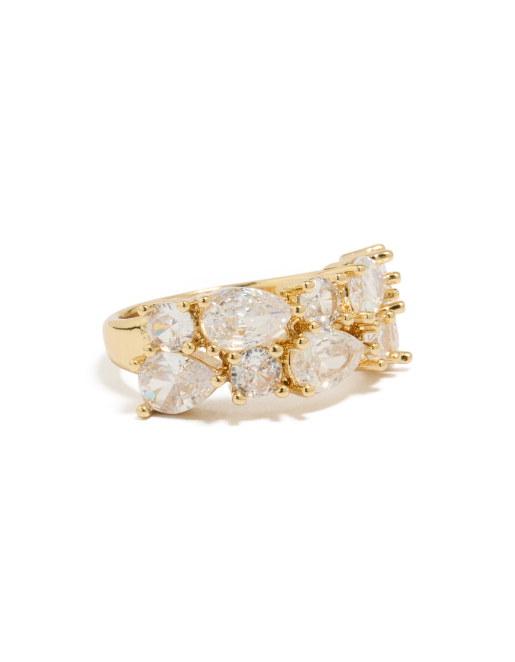 Showcasing a statement band ring crafted from gold plated material featuring pear cut cubic zirconia stones in clear front view