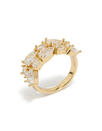 Elegant gold plated statement ring with pear cut cubic zirconia stones side detail view - link has visual effect only
