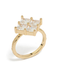 Crafted from gold plated metal with cubic zirconia textured square statement ring in clear front view - link has visual effect only