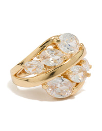 Statement gold plated layered ring featuring oval cut cubic zirconia clusters front view - link has visual effect only