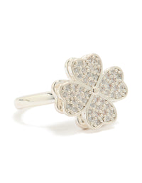 Showcasing a waterproof stainless steel spinning clover ring featuring floral design with cubic zirconia in silver and clear front view - link has visual effect only