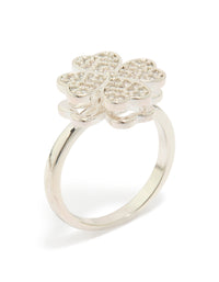Designed with waterproof stainless steel, this spinning clover ring showcases floral and cubic zirconia in silver and clear side detail view - link has visual effect only