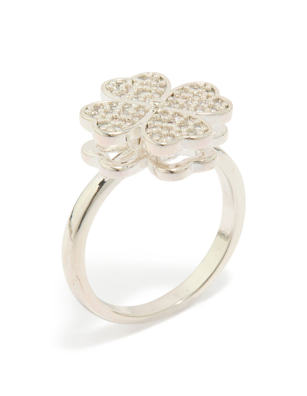 Designed with waterproof stainless steel, this spinning clover ring showcases floral and cubic zirconia in silver and clear side detail view