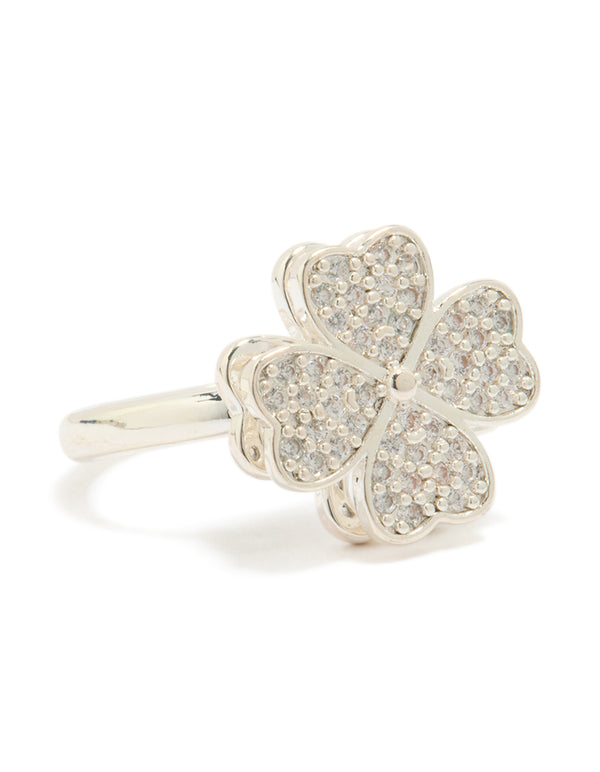 Showcasing a waterproof stainless steel spinning clover ring featuring floral design with cubic zirconia in silver and clear front view