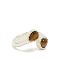 Showcasing a waterproof stainless steel ring with double tigers eye stones in silver and brown tones front view - link has visual effect only