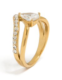 Featuring a waterproof gold plated stainless steel layered ring with pear cubic zirconia and crystal statement design side detail view - link has visual effect only
