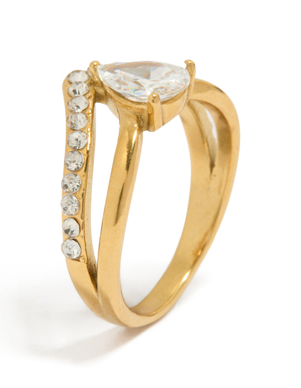 Featuring a waterproof gold plated stainless steel layered ring with pear cubic zirconia and crystal statement design side detail view