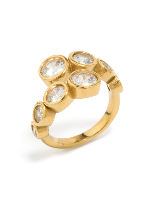 Designed with waterproof gold stainless steel and cubic zirconia bezel wrap ring side detail view