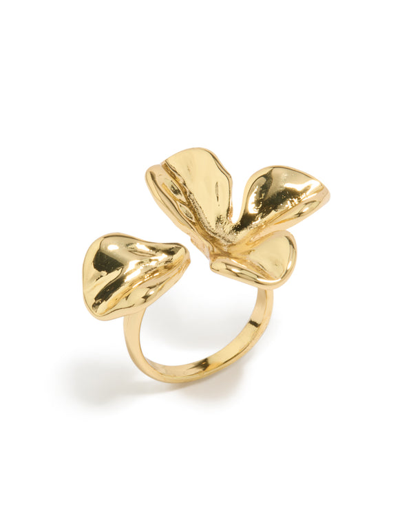 Crafted from gold plated material, this molten floral wrap ring features statement design side detail view