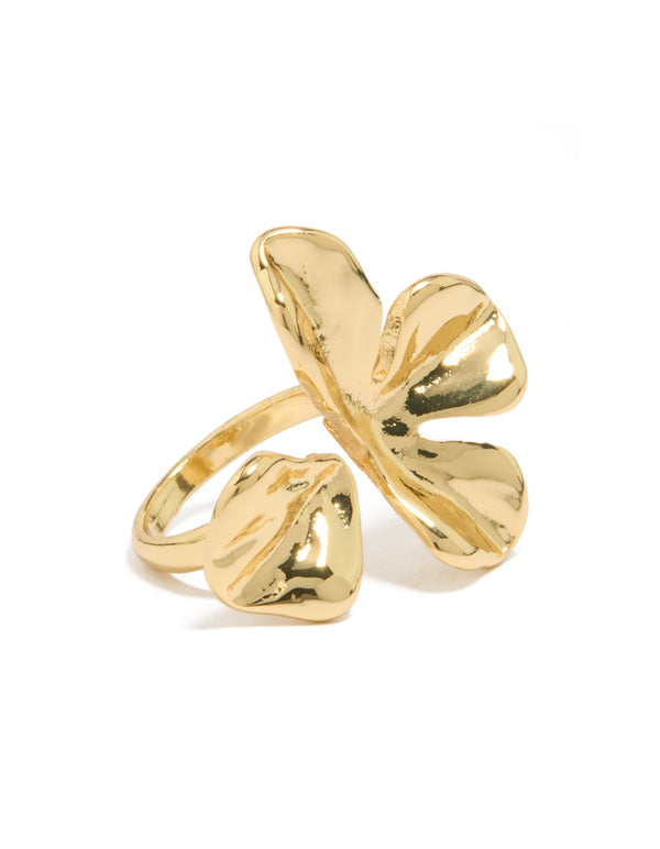 Showcasing a gold plated molten floral wrap ring with statement styling front view