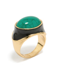 Gold Plated Black Enamel & Chunky Green Stone Ring - link has visual effect only
