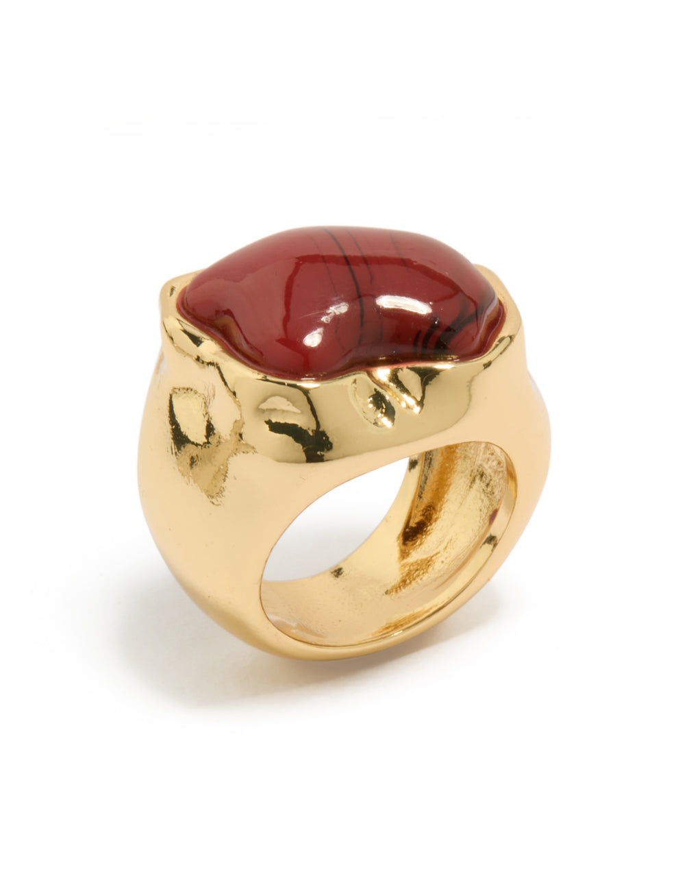 Showcasing a gold plated chunky ring with molten burgundy stone in maroon side detail view