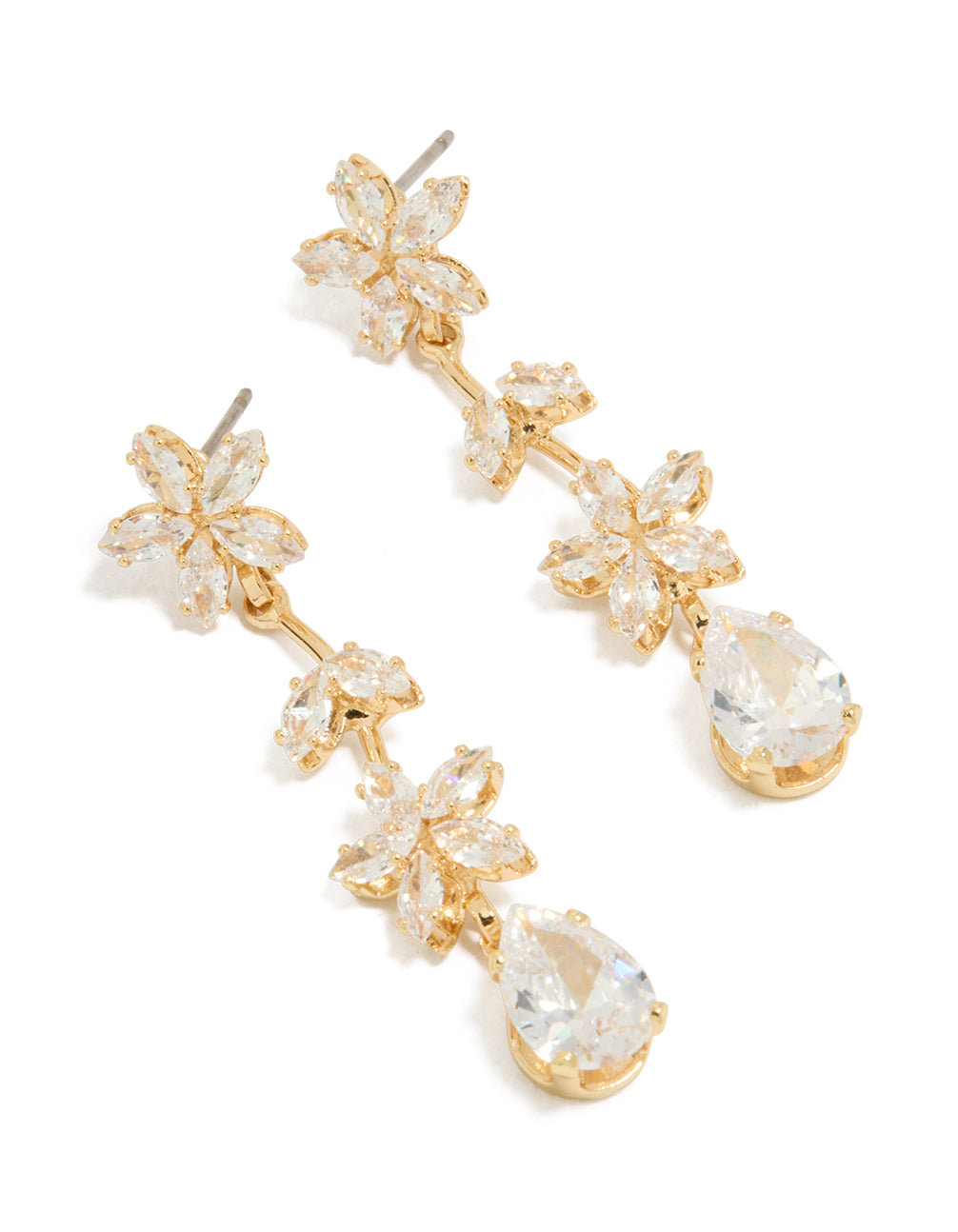 Showcasing statement drop earrings with featuring cubic zirconia stones in gold front view