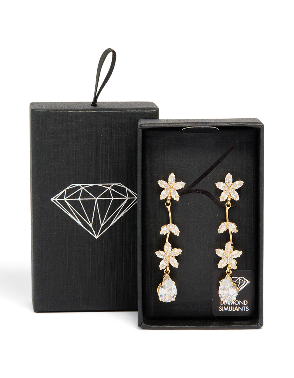 Displaying double floral drop earrings featuring cubic zirconia in gold with packaging post detail view