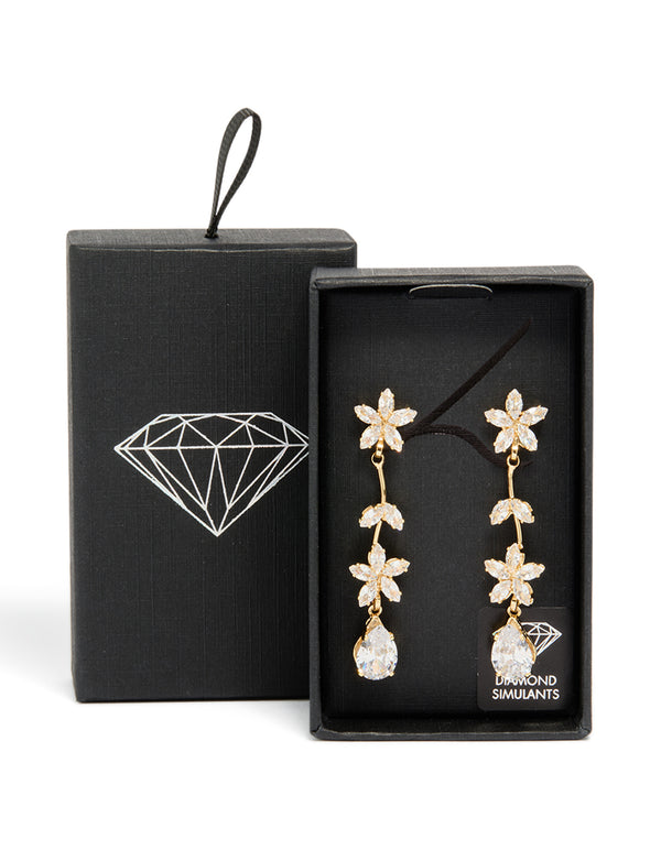 Elegant gold cubic zirconia double floral drop earrings featuring statement style close up view