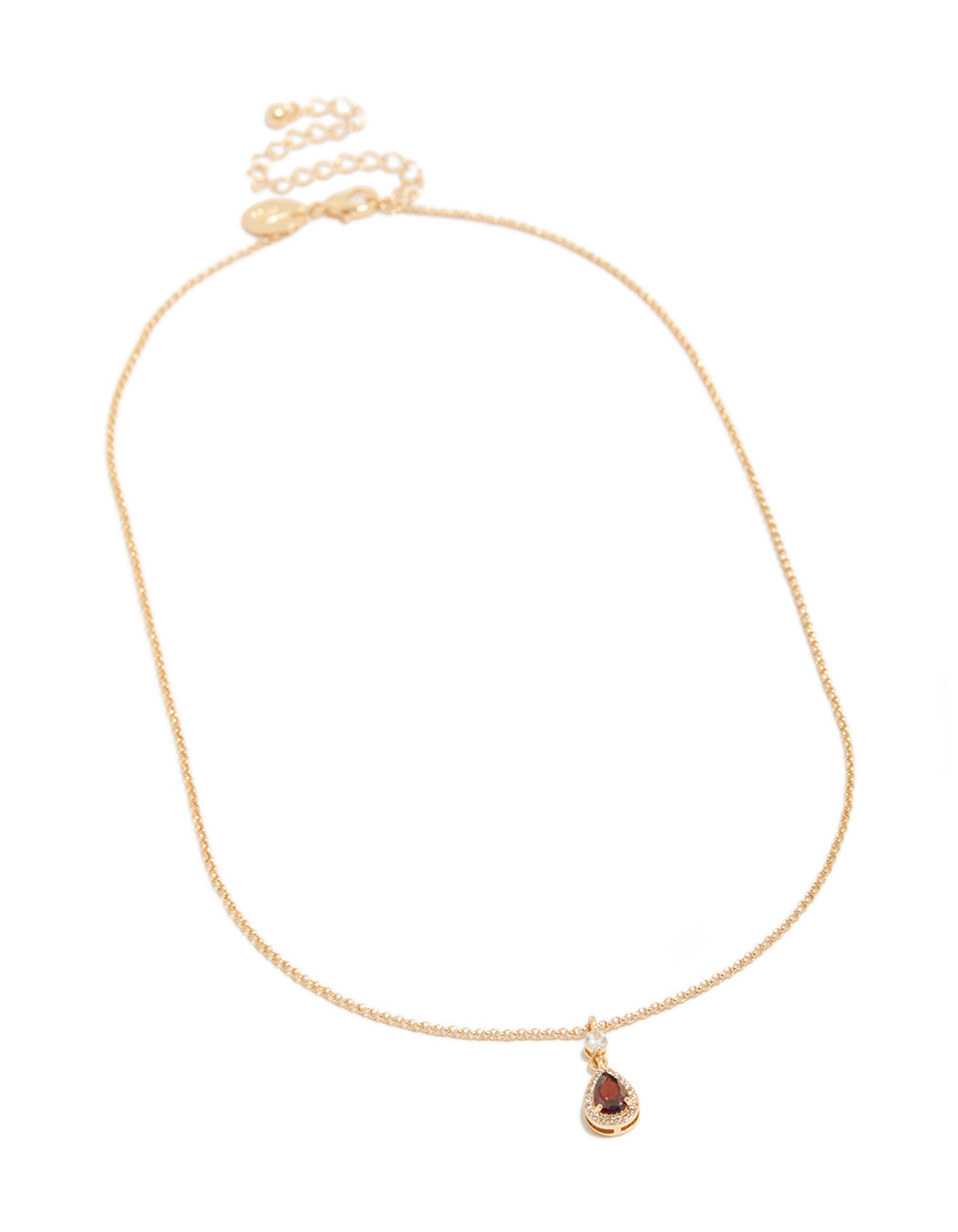 Beautifully crafted gold red pear cubic zirconia pendant necklace with statement design front view