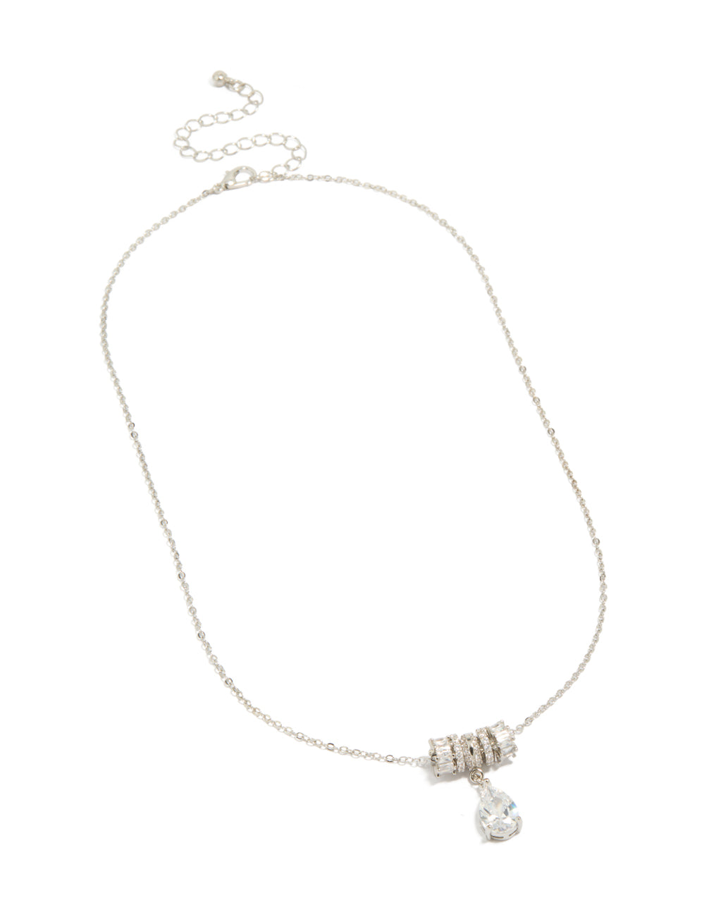 Stunning silver cubic zirconia pear rondelle necklace with charm pendant and crystal details front view
