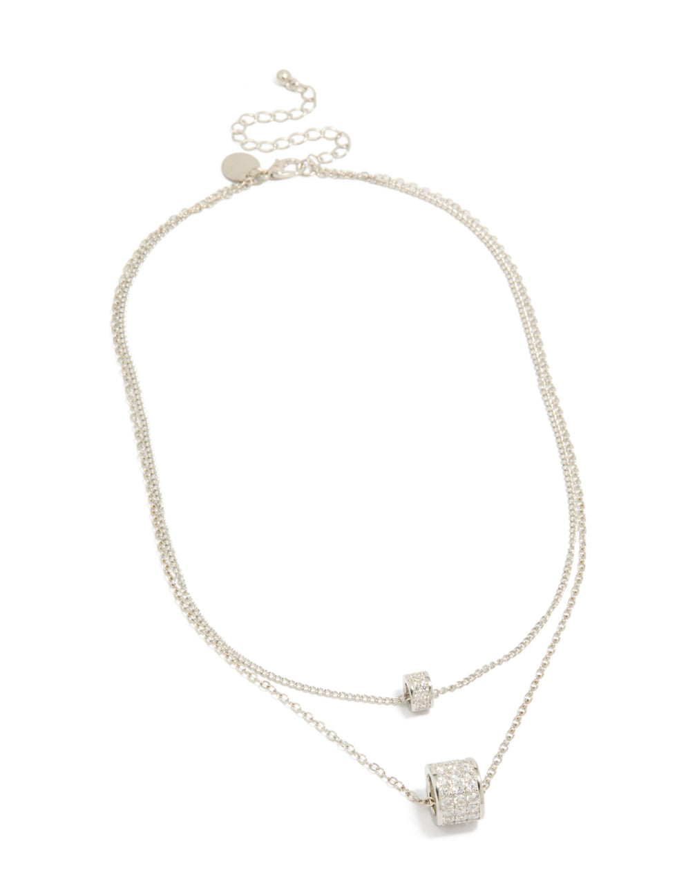Featuring a necklace with cubic zirconia layered rondelle in silver front view