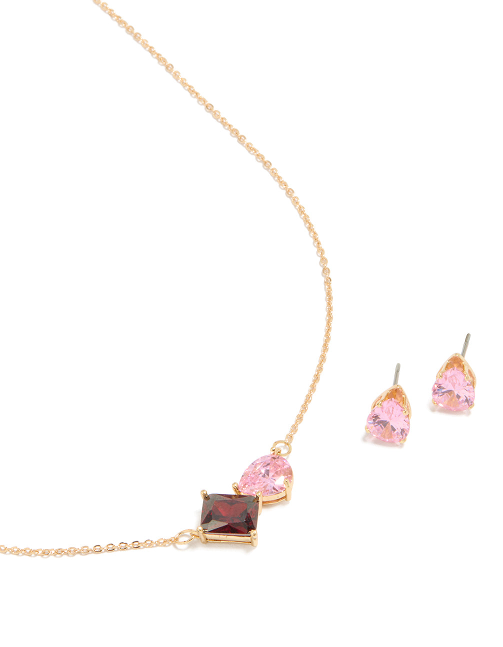 Gold Pink & Red Cubic Zirconia Cluster Necklace & Earrings Set