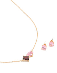 Gold Pink & Red Cubic Zirconia Cluster Necklace & Earrings Set - link has visual effect only