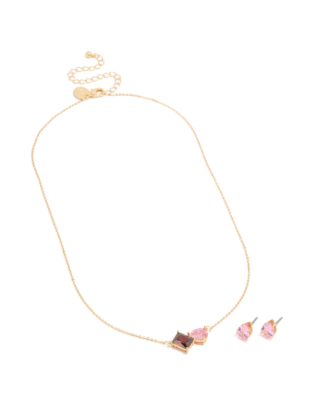 Gold Pink & Red Cubic Zirconia Cluster Necklace & Earrings Set