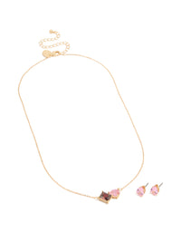 Gold Pink & Red Cubic Zirconia Cluster Necklace & Earrings Set - link has visual effect only