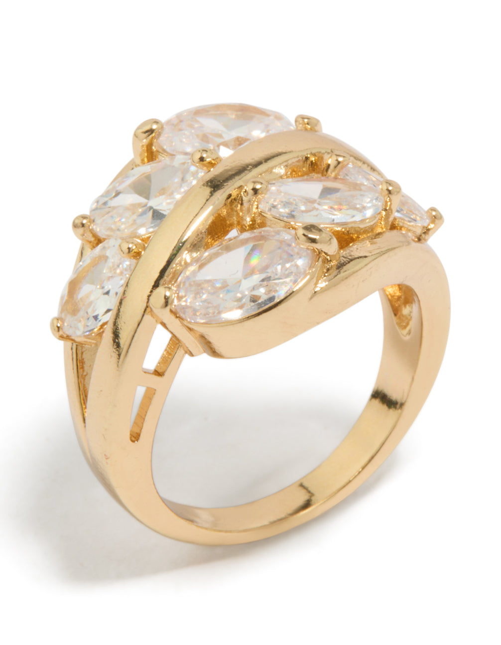 Featuring gold plated cubic zirconia oval clusters with statement layered design side detail view