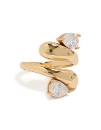 Featuring a gold plated chunky wrap ring with cubic zirconia stones front view - link has visual effect only