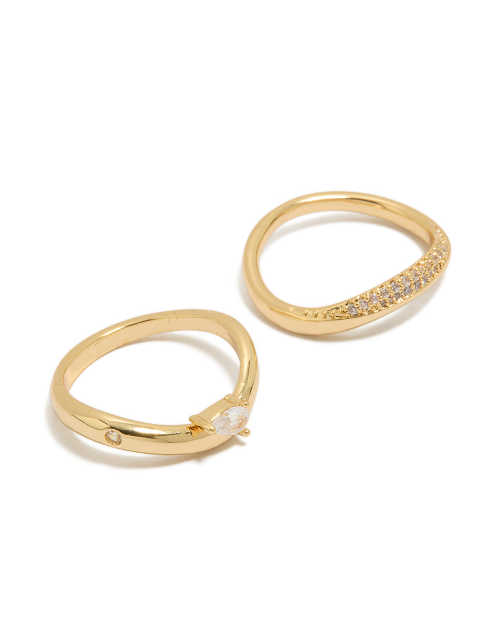 Showcasing gold plated cubic zirconia pave stacking rings in a 2-pack with pear stone cut, crystal accents, dainty style front view
